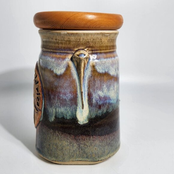 Vintage Wild Rice Blue Pottery Crock Canister Wood with Lid Duck Scene Minnesota - Picture 2 of 11